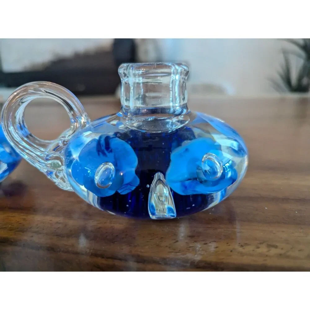 Vintage Set of 2  Joe St. Clair Glass Candle Holders cobalt blue Flowers